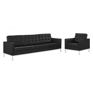 Modway - Loft Tufted Upholstered Faux Leather Sofa and Armchair Set - EEI-4104-SLV-BLK-SET