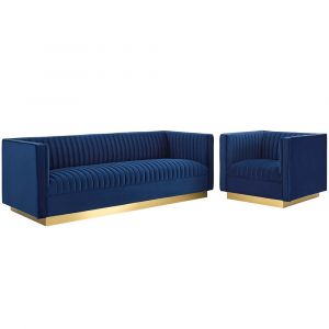 Modway - Sanguine Vertical Channel Tufted Upholstered Performance Velvet Sofa and Armchair Set in Navy - EEI-4143-NAV-SET