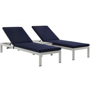 Modway - Shore 3 Piece Outdoor Patio Aluminum Chaise with Cushions - EEI-2736-SLV-NAV-SET