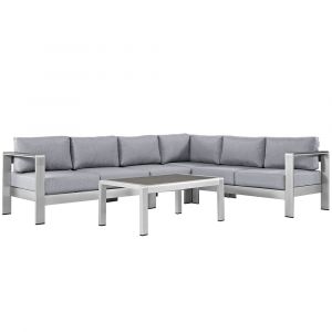 Modway - Shore 5 Piece Outdoor Patio Aluminum Sectional Sofa Set - EEI-2557-SLV-GRY