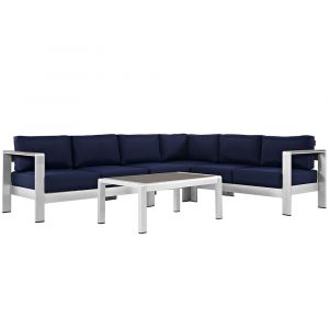 Modway - Shore 5 Piece Outdoor Patio Aluminum Sectional Sofa Set - EEI-2557-SLV-NAV