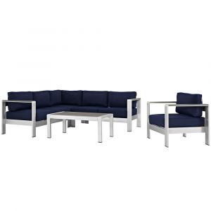 Modway - Shore 5 Piece Outdoor Patio Aluminum Sectional Sofa Set - EEI-2560-SLV-NAV