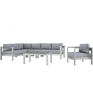 Modway - Shore 6 Piece Outdoor Patio Aluminum Sectional Sofa Set - EEI-2558-SLV-GRY