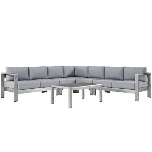 Modway - Shore 6 Piece Outdoor Patio Aluminum Sectional Sofa Set - EEI-2561-SLV-GRY