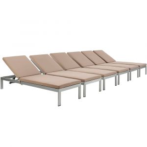Modway - Shore Chaise with Cushions Outdoor Patio Aluminum (Set of 6) - EEI-2739-SLV-MOC-SET
