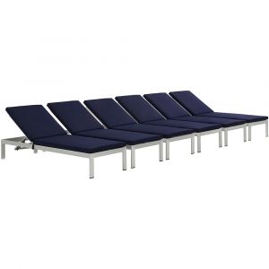 Modway - Shore Chaise with Cushions Outdoor Patio Aluminum (Set of 6) - EEI-2739-SLV-NAV-SET