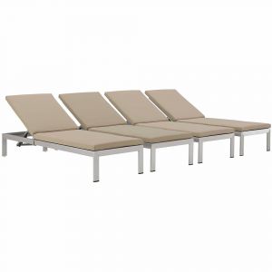 Modway - Shore Chaise with Cushions Outdoor Patio Aluminum (Set of 4) - EEI-2738-SLV-BEI-SET