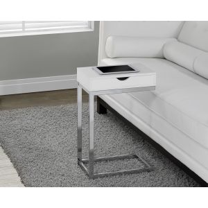 Monarch Specialties - Accent Table, C-Shaped, End, Side, Snack, Storage Drawer, Living Room, Bedroom, Metal, Laminate, Glossy White, Chrome, Contemporary, Modern - I-3031