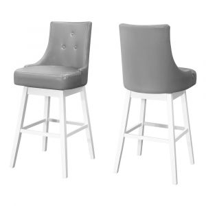 Monarch Specialties - Bar Stool, (Set of 2) Swivel, Bar Height, Wood, Pu Leather Look, Grey, White, Transitional - I-1243