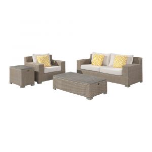 Picket House Furnishings - Camal 4PC Patio Conversation Set in Tan and Olefin White Cream-Sofa, Chair, - O-10880-10310-PS-4PC