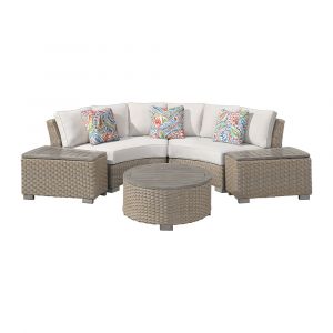 Picket House Furnishings - Camal 4PC Patio Conversation Set in Tan and Olefin White Cream-Curved Loveseat, Two Console & Round Coffee Table - O-10880-10310-LSPS-4PC