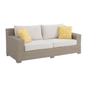 Picket House Furnishings - Camal Sofa - Tan and Olefin White Cream with 2 Yellow Pillows - O-10880-10310-300