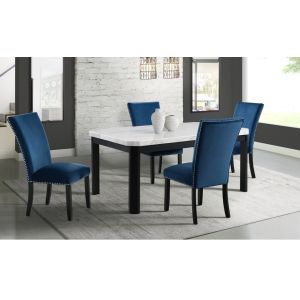 Picket House Furnishings - Celine White Marble 5PC Dining Set-Table & Four Blue Velvet Chairs - CFC700BL5PC