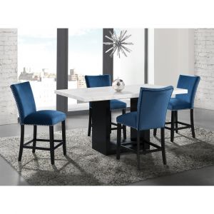 Picket House Furnishings - Willow White Marble 5PC Counter Height Dining Set-Table and Four Blue Velvet Chairs - CVL700C5PC