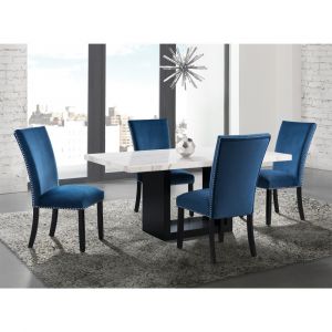 Picket House Furnishings - Willow White Marble 5PC Dining Set-Table & Four Blue Chairs - CVL500BL5PC