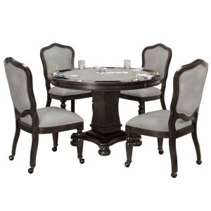 Sunset Trading - 5 Piece Vegas Dining and Poker Table Set - Reversible Game Top - Gray Wood - Caster Chairs with Nailheads - CR-87711-5PC