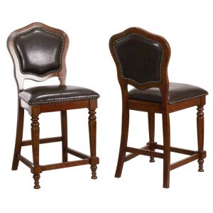 Sunset Trading - Bellagio Upholstered Barstools with Backs - Counter Height Dining Chairs - Distressed Cherry Brown Wood - Nailheads (Set of 2) - CR-87148-24-2