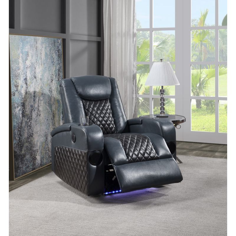 ACME Furniture - Alair Power Motion Recliner w/Bluetooth Speaker & Cooling Cup Holder - Blue & Black Leather Aire - LV02459