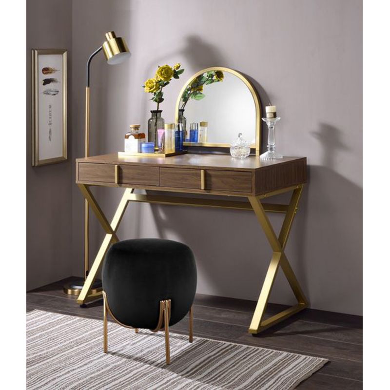 ACME Furniture - Coleen Vanity Desk w/Mirror & Jewelry Tray - Walnut & Gold - AC00665