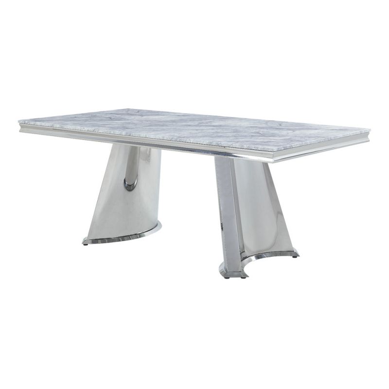 ACME Furniture - Destry Dining Table w/Marble Top & Pedestal Base - Engineering Marble & Mirrored Silver - DN01188