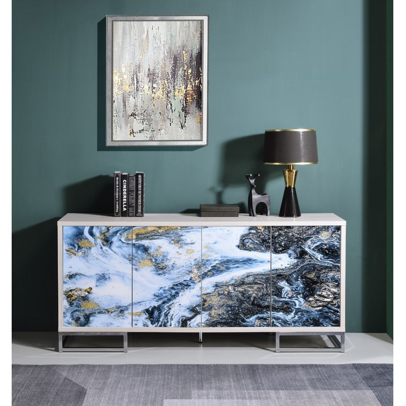 ACME Furniture - Liam Console Cabinet - Blue Marble Paint & Chrome - AC02345