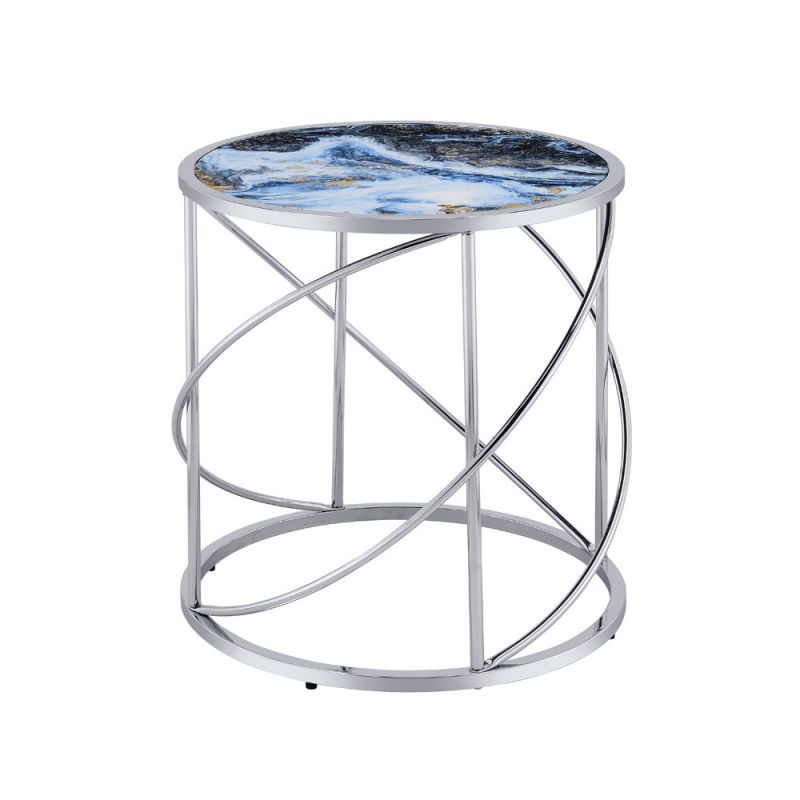 ACME Furniture - Lyda End Table - Blue Marble Print & Chrome - LV02096