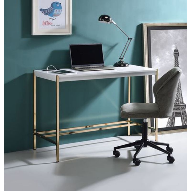 ACME Furniture - Midriaks Writing Desk w/USB - White & Gold - OF00020