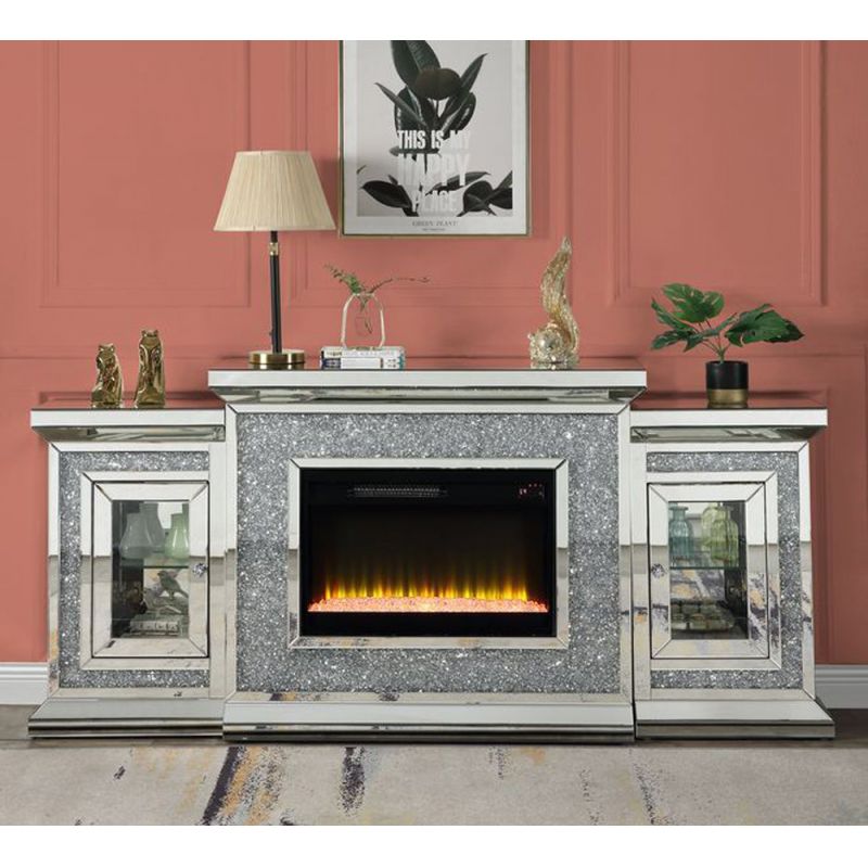 ACME Furniture - Noralie Fireplace w/LED - Mirrored & Faux Diamonds - AC00522