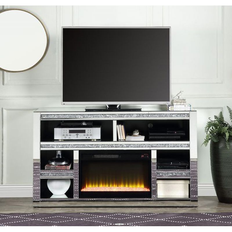 ACME Furniture - Noralie TV Stand w/Fireplace - Mirrored & Faux Diamonds - LV00311