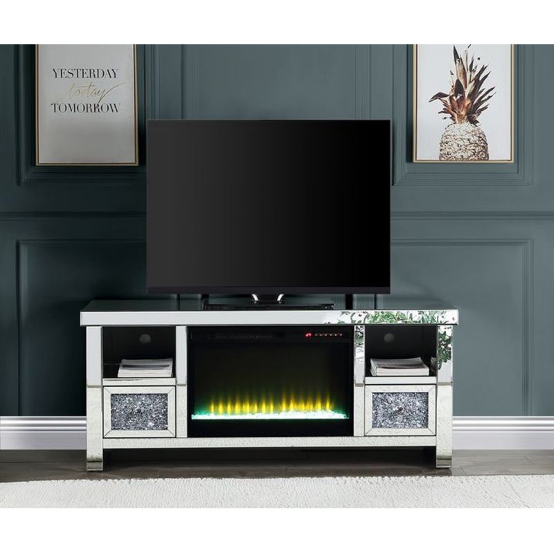 ACME Furniture - Noralie TV Stand w/Fireplace - Mirrored & Faux Diamonds - LV00313