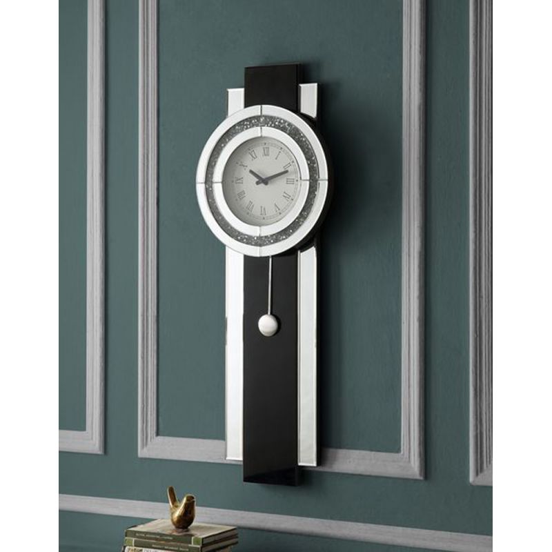 ACME Furniture - Noralie Wall Clock - Black - Mirrored & Faux Diamonds - AC00424