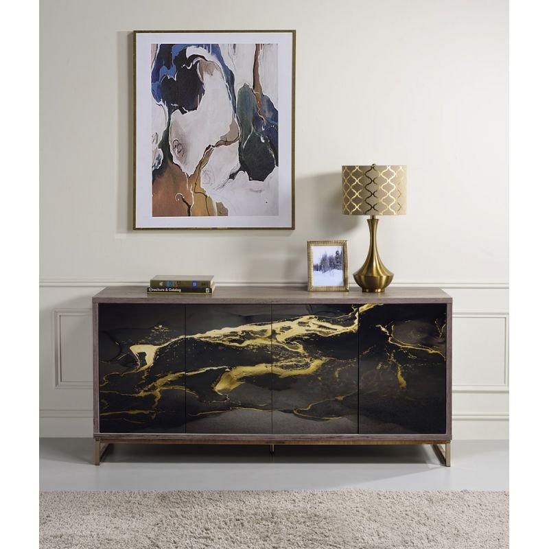 ACME Furniture - Payo Console Cabinet - Black Marble Paint - Oak & Champagne - AC02342