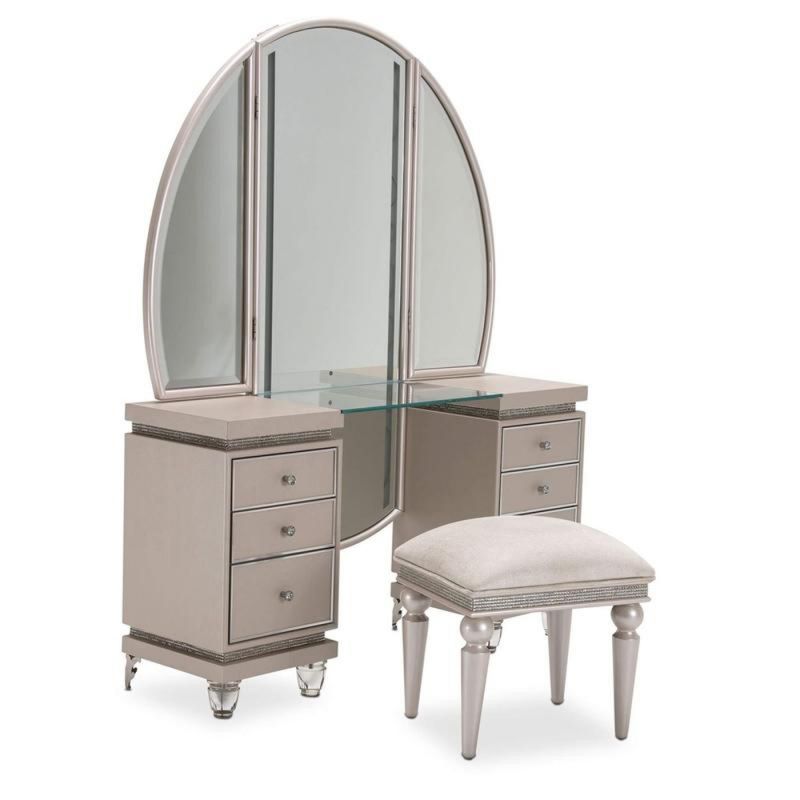 AICO by Michael Amini - Glimmering Heights Upholstered Vanity Complete in Ivory (3pc)