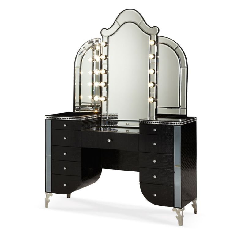AICO by Michael Amini - Hollywood Swank Upholstered Vanity and Mirror in Black Iguana - NT03000VAN2-81_CLOSEOUT