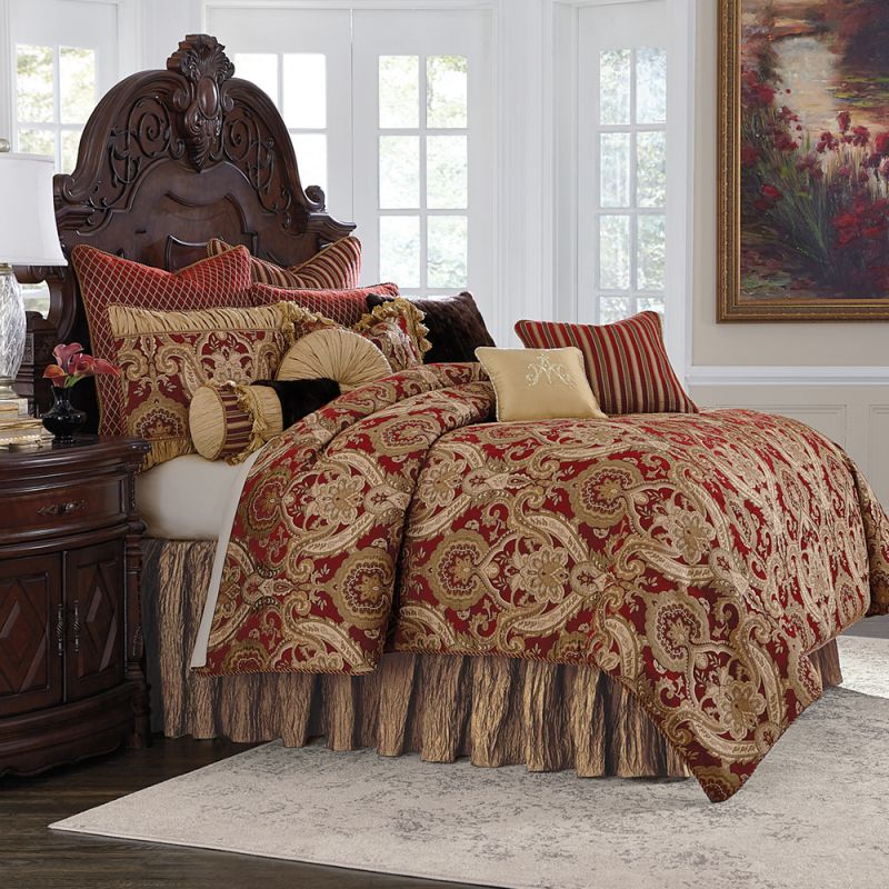 AICO by Michael Amini - Lafayette 12pc Queen Comforter Set in Red - BCS-QS12-LYFYE-RED