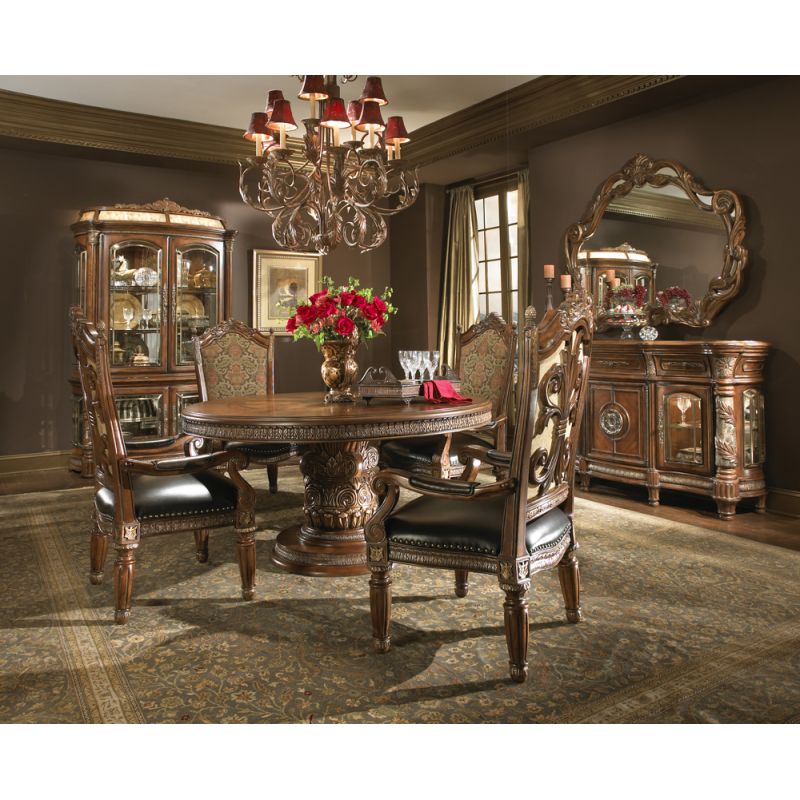 AICO by Michael Amini - Villa Valencia Round Dining Room Set w/ Arm Chairs (5 pc) in Classic Chestnut - 72000RDR4A-55