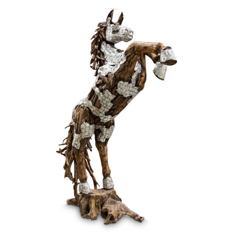AICO by Michael Amini - Wood Crafted Horse w/ Alm.Body Coat & Wood Mane,Standing on Hind Legs - ACF-ARF-HORSE-003
