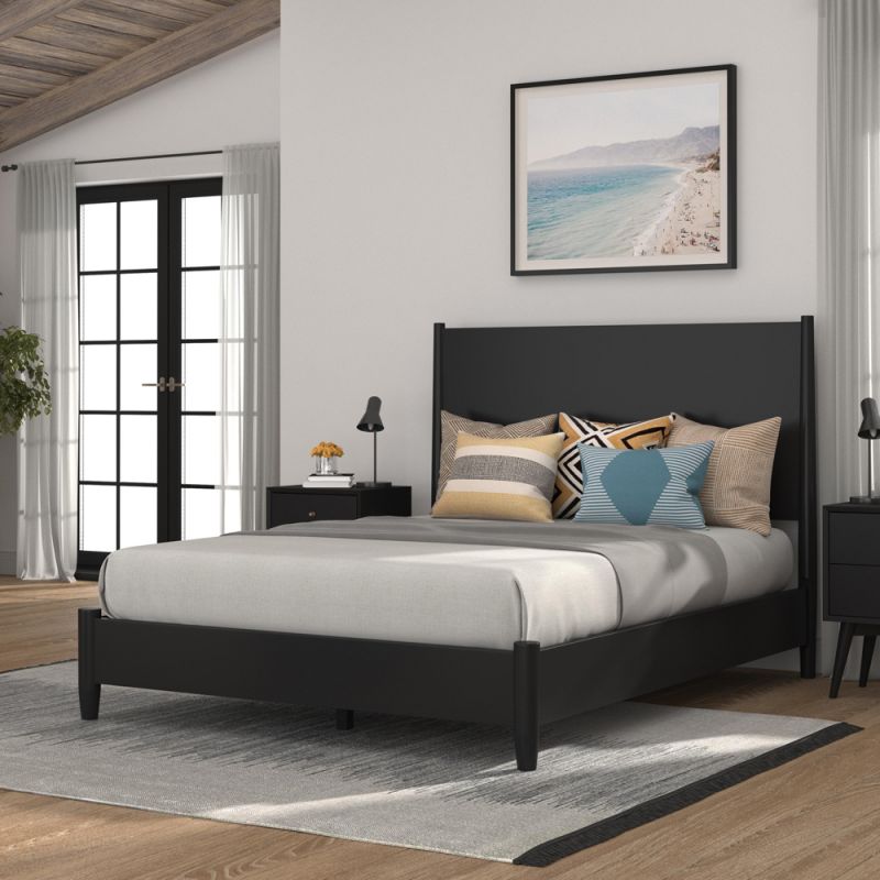 Alpine Furniture - Flynn Mid Century Modern Queen Panel Bed, Black - 966BLK-01Q