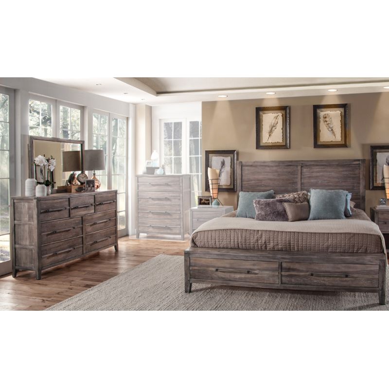 American Woodcrafters - Aurora 3 Pc Bedroom Set - Queen Panel Storage Bed, Dresser, Mirror - Weathered Grey - 2800-QPNST-3PC