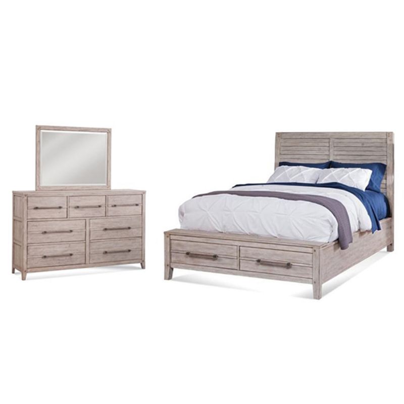 American Woodcrafters - Aurora 3 Pc Bedroom Set - Queen Panel Bed w/ Storage Footboard, Dresser, Mirror - Whitewash - 2810-QPNST-3PC