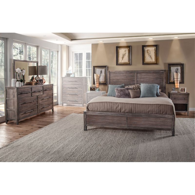 American Woodcrafters - Aurora 4 Pc Bedroom Set - Queen Panel Bed, Dresser, Mirror, 1 Drawer Nightstand - Weathered Grey - 2800-QPNPN-4PC