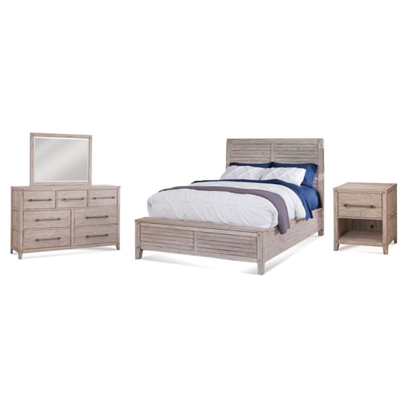 American Woodcrafters - Aurora 4 Pc Bedroom Set - Queen Panel Bed, Dresser, Mirror, 1 Drawer Nightstand - Whitewash - 2810-QPNPN-4PC