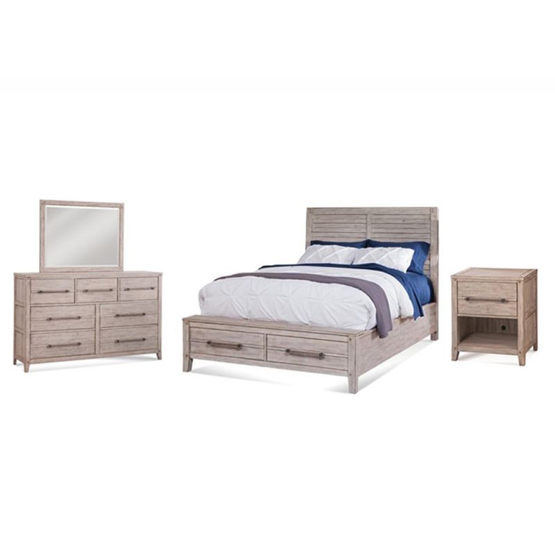 American Woodcrafters - Aurora 4 Pc Bedroom Set - Queen Panel Bed w/ Storage Footboard, Dresser, Mirror, 1 Drawer Nightstand - Whitewash - 2810-QPNST-4PC