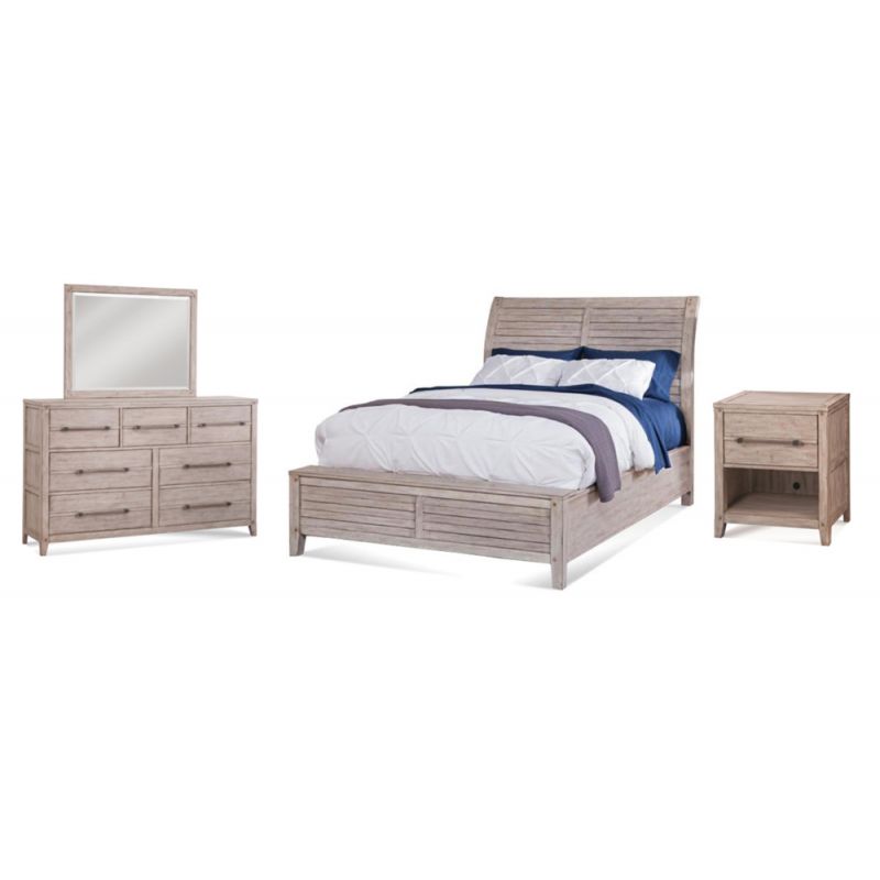 American Woodcrafters - Aurora 4 Pc Bedroom Set - Queen Sleigh Bed, Dresser, Mirror, 1 Drawer Nightstand - Whitewash - 2810-QSLPN-4PC