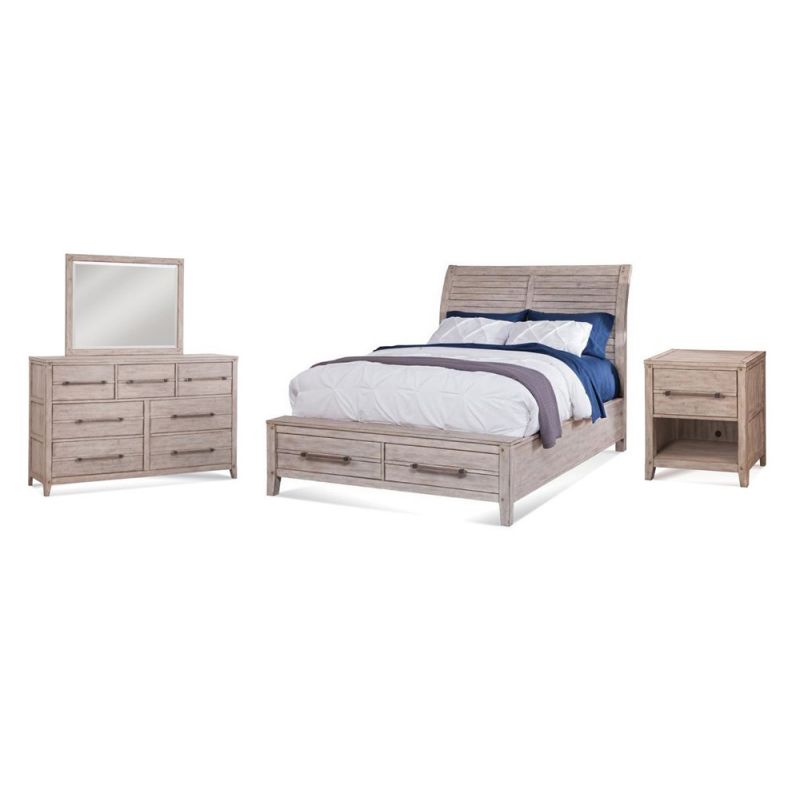 American Woodcrafters - Aurora 4 Pc Bedroom Set - Queen Sleigh Bed w/ Storage Footboard, Dresser, Mirror, 1 Drawer Nightstand - Whitewash - 2810-QSLST-4PC