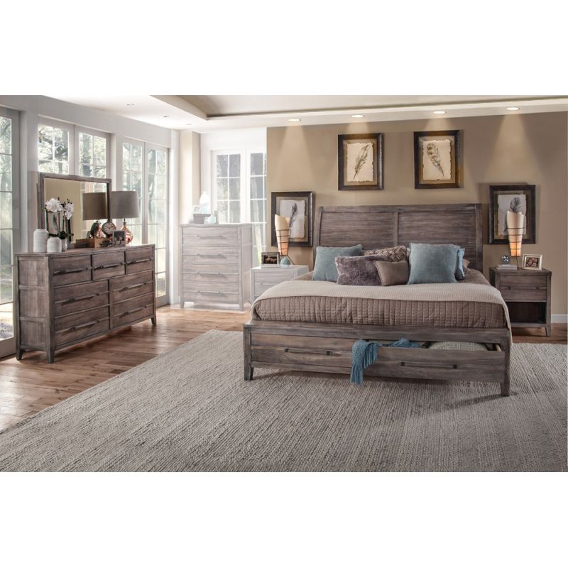 American Woodcrafters - Aurora 4 Pc Bedroom Set - Queen Sleigh Storage Bed, Dresser, Mirror, 1 Drawer Nightstand - Weathered Grey - 2800-QSLST-4PC