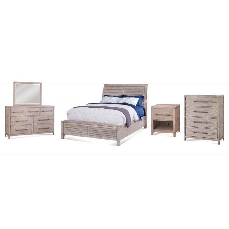 American Woodcrafters - Aurora 5 Pc Bedroom Set - Queen Sleigh Bed, Dresser, Mirror, Chest, 1 Drawer Nightstand - Whitewash - 2810-QSLPN-5PC