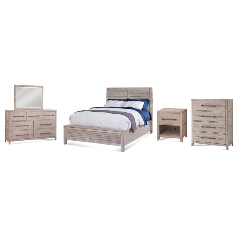 American Woodcrafters - Aurora 5 Pc Bedroom Set - Queen Panel Bed, Dresser, Mirror, 1 Drawer Nightstand, Chest - Whitewash - 2810-QPNPN-5PC