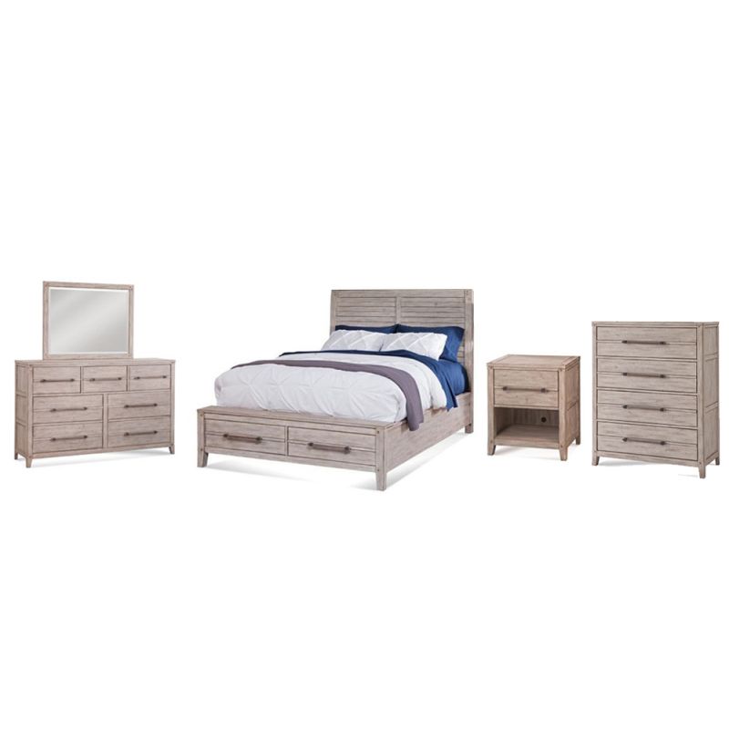 American Woodcrafters - Aurora 5 Pc Bedroom Set - Queen Panel Bed w/ Storage Footboard, Dresser, Mirror, 1 Drawer Nightstand, Chest - Whitewash - 2810-QPNST-5PC