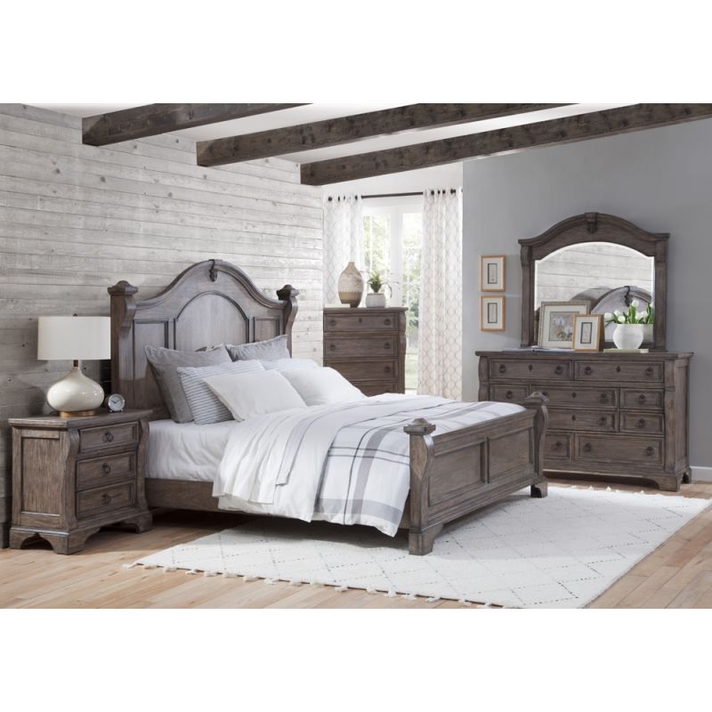 American Woodcrafters - Heirloom 5 Pc Bedroom Set - Queen Bed, Dresser, Mirror, Chest, Nightstand - Rustic Charcoal - 2975-QPOPO-5PC
